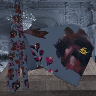 Staubiges Navyblau Burgunder Bordeaux Floral Hochz Krawatte