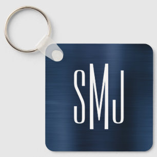 Staubiges Navyblau-Folien-Dreizeichen-Monogramm Schlüsselanhänger