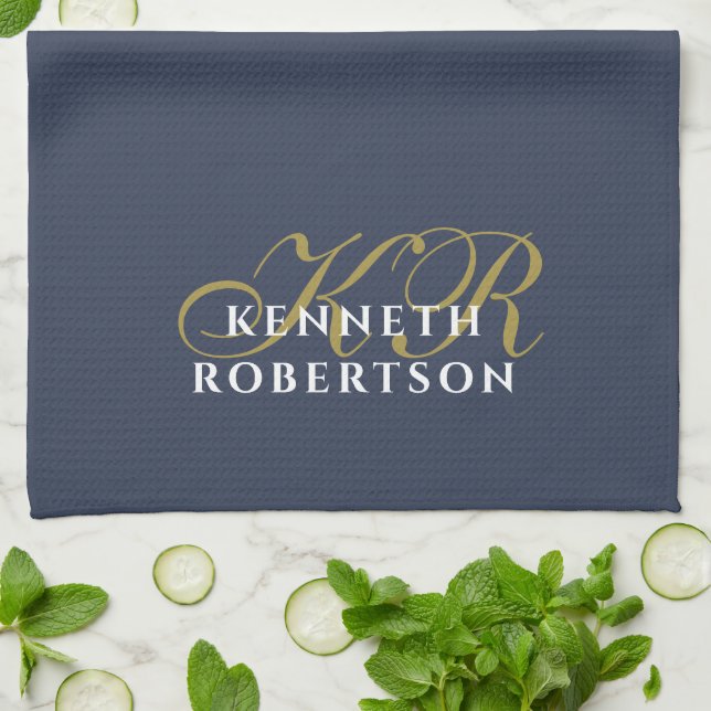 Staubiges Navyblau Monogramm Minimalistisches Gold Geschirrtuch (Gefaltet)