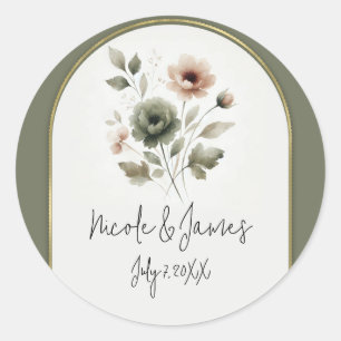 Staubiges Oliven-Rosa und Gold Aquarell-Blumenmust Runder Aufkleber