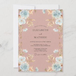 Staubiges Rosa-Aqua-Ranunculus-Eukalyptus-Hochzeit Einladung