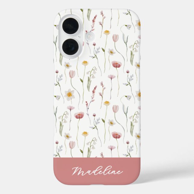 Staubiges rosa Aquarell-Wildblumen-Name Case-Mate iPhone Hülle (Rückseite)