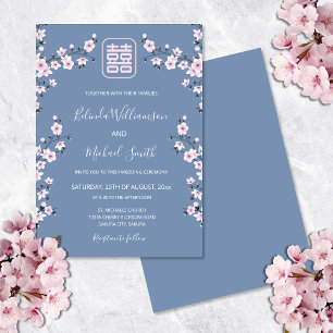 Staubiges Rosa Blütenblau Chinesische Hochzeit Einladung