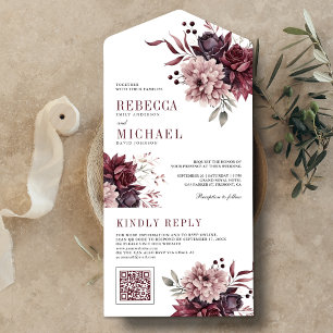Staubiges Rosa Burgunder Blumen QR-Code Hochzeit All In One Einladung