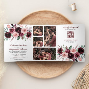 Staubiges Rosa Burgunder Blumen QR-Code Hochzeit Dreifach Gefaltete Einladung