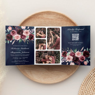 Staubiges Rosa Burgunder Blumen QR Code Marine Hoc Dreifach Gefaltete Einladung
