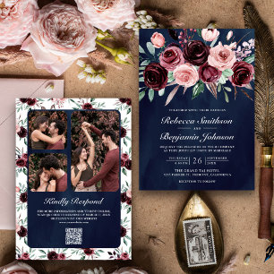 Staubiges Rosa Burgunder Blumen QR Code Marine Hoc Einladung