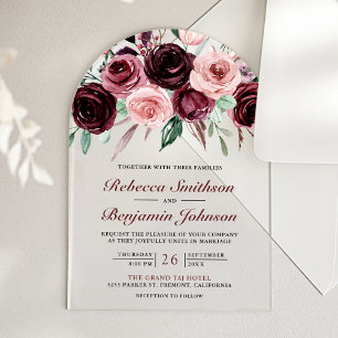 Staubiges Rosa Burgunder Blumenhochzeit Acryleinladungen
