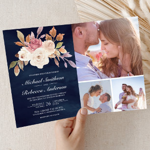 Staubiges Rosa Elfenbein Floral Foto QR Code Navy Einladung