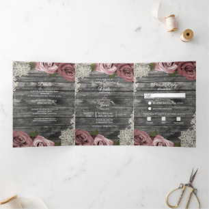 Staubiges Rosa Graues Holz Dreifaltiges Hochzeitsp Dreifach Gefaltete Einladung
