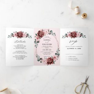 Staubiges Rosa Mauve Rosen Blumen Geometrische Hoc Dreifach Gefaltete Ankündigung