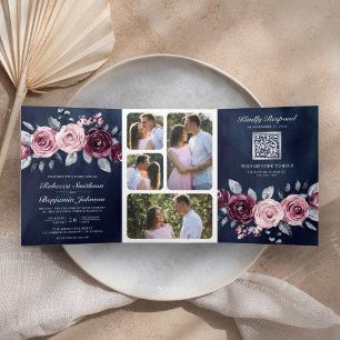 Staubiges Rosa Pflaume Lila Blumen QR Code Navy Ho Dreifach Gefaltete Einladung