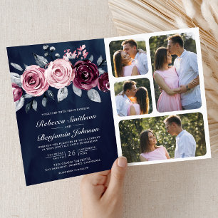 Staubiges Rosa Pflaume Lila Blumen QR Code Navy Ho Einladung