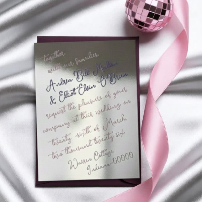 Staubiges Rosa und lila fette Schrift Silber Hochz Folieneinladung (Von Creator hochgeladen)