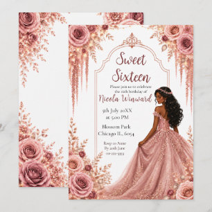 Staubiges Rosé und Gold Floral Sweet Sixteen Einladung