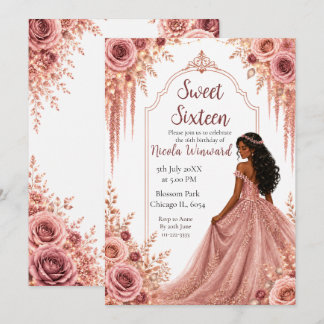 Staubiges Rosé und Gold Floral Sweet Sixteen Einladung