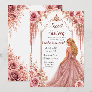 Staubiges Rosé und Gold Floral Sweet Sixteen Einladung