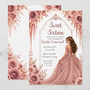Staubiges Rosé und Gold Floral Sweet Sixteen Einladung