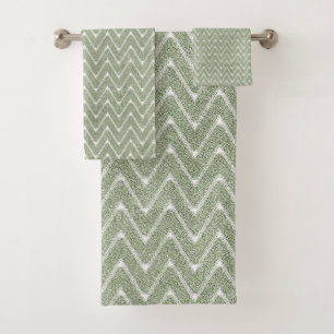 Staubiges Salbeigrünes Chevron-Muster Badhandtuch Set