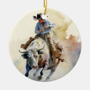 Staubiges Western-Aquarell „Rodeo-Stier-Reiter“ Keramik Ornament