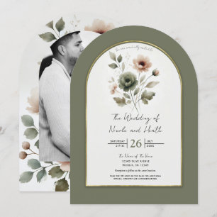 Stauboliv-grüne und goldene Blumenschmuck-Hochzeit Einladung