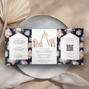 Staubrosa Blumen Boho Arbor Navy QR-Code Hochzeit Dreifach Gefaltete Einladung