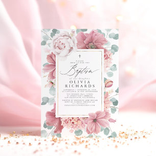 Staubrosa Blumen Elegante Mädchen Taufe Einladung