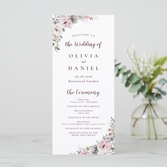 Staubrosa Boho-Blumen-Rustical-Hochzeitsprogramm Menükarte (Stehend Vorderseite)