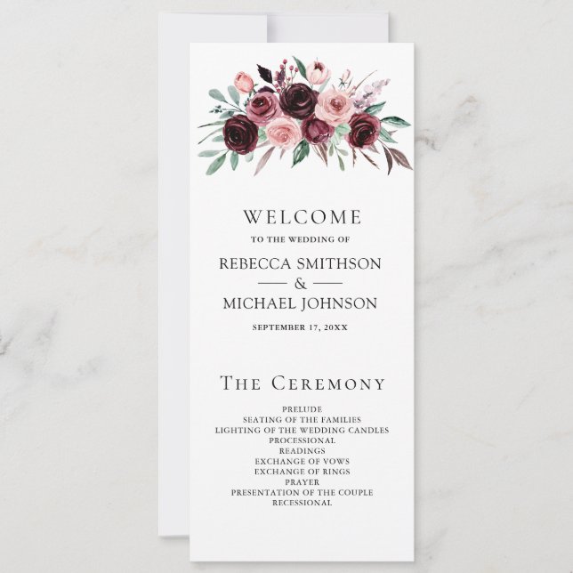 Staubrosa Burgunder Blumen Hochzeitsprogramm (Vorderseite)