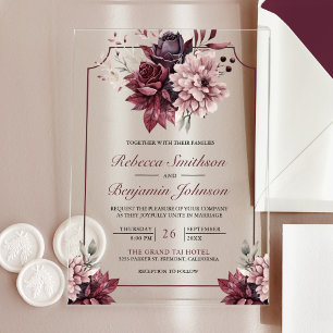 Staubrosa Burgunder Blumenrahmen Hochzeit Acryleinladungen