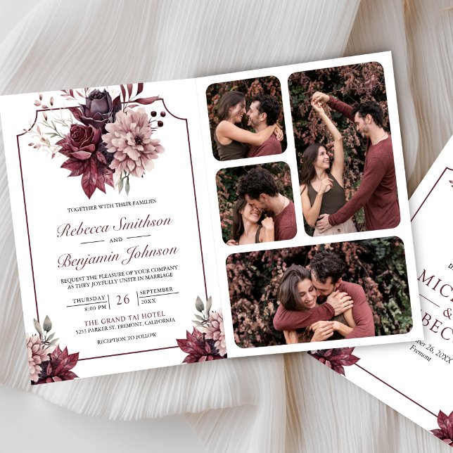 Staubrosa Burgunder Blumenrahmen QR-Code Hochzeit Einladung (Von Creator hochgeladen)