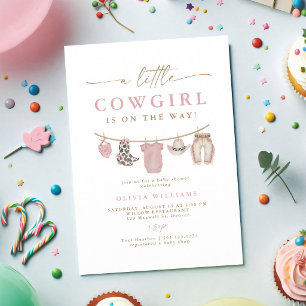 Staubrosa Cowgirl-Wäscheleine-Baby-Shower Einladung