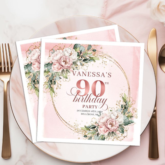 Staubrosa Eukalyptus-Blumen 90. Geburtstagsfeier  Serviette (Dusty Pink Eucalyptus Floral 90th Birthday Party Napkins)