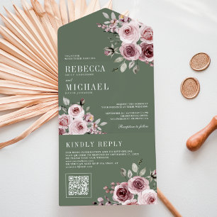 Staubrosa Floral Hellgrün QR-Code Hochzeit All In One Einladung
