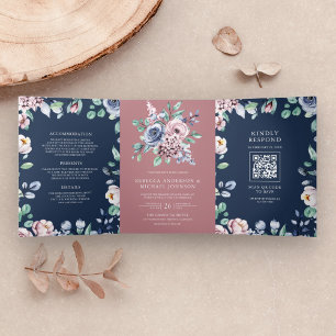 Staubrosa Floral Navyblau QR-Code Hochzeit Dreifach Gefaltete Einladung