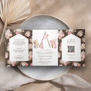 Staubrosa Florale Boho-Arbor-Holz-QR-Code-Hochzeit Dreifach Gefaltete Einladung