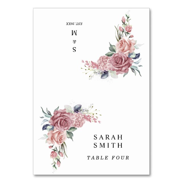Staubrosa florale Hochzeitsplatzkarten Tischnummer (Vorderseite)