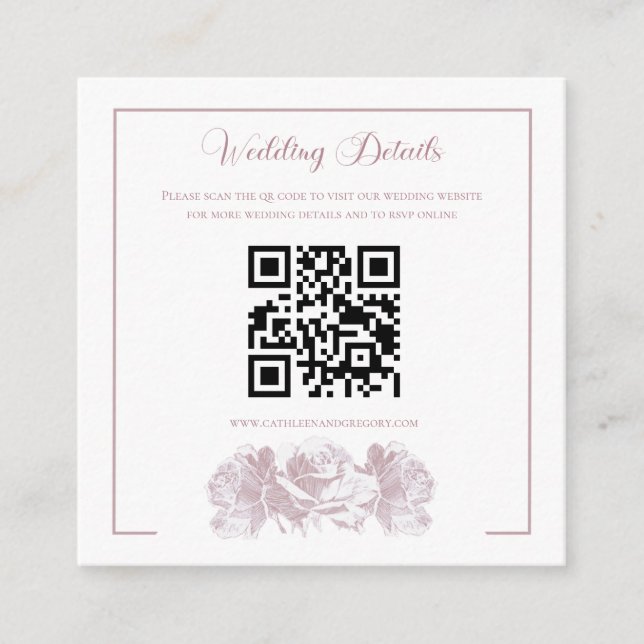 Staubrosa Kalligrafie-QR-Code-Hochzeit Begleitkarte (Vorderseite)
