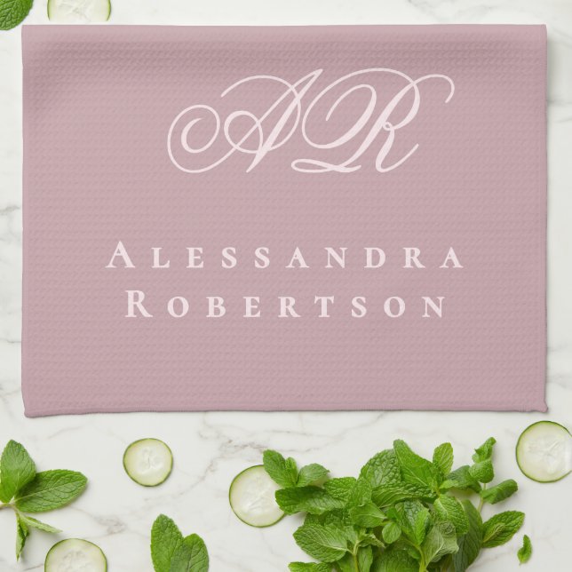 Staubrosa Pastellrosa Monogramm Name Minimalistisc Geschirrtuch (Gefaltet)