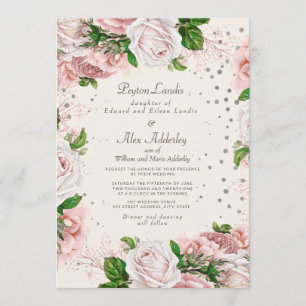 Staubrosa Pink Florale Silber Glitter Hochzeit Einladung
