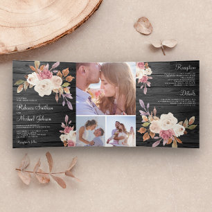 Staubrosa Pink und Elfenbein Blumen Scheunen Holz Dreifach Gefaltete Einladung