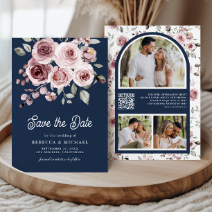 Staubrosa Rosen Foto QR Code Marineblaue Hochzeit Save The Date