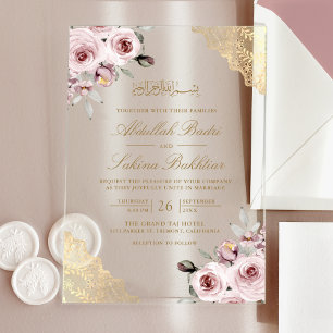Staubrosa Rosen Goldspitze Muslimische Hochzeit Acryleinladungen