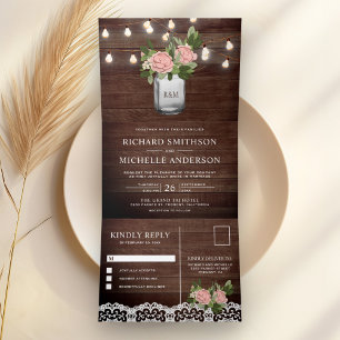 Staubrosa Rosen Mason-Glas Lichterkette Hochzeit Dreifach Gefaltete Einladung