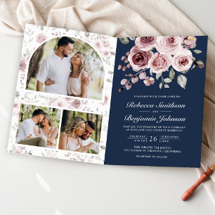 Staubrosa Rosen QR-Code Marineblaue Hochzeit Einladung