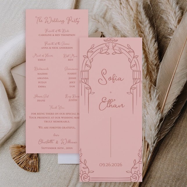 Staubrosa verziertes botanisches Hochzeitsprogramm Einladung (Elegant Dusty Rose Ornate Arch Botanical Wedding Program Card)