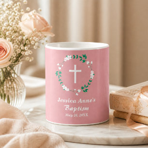 Staubrosa weiße Kreuz-Blumen-Wappen-Taufgeschenk Kaffeetasse