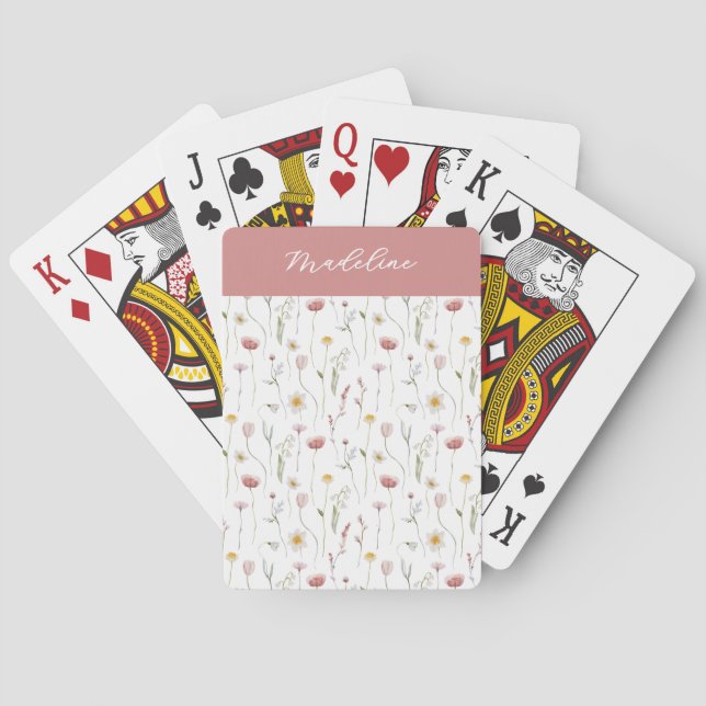 Staubrosa Wildblumen-Wasserfarbe-Monogramm-Name Spielkarten (Rückseite)