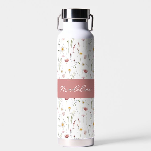 Staubrosa Wildblumen-Wasserfarbe-Monogramm-Name Trinkflasche (Vorne)