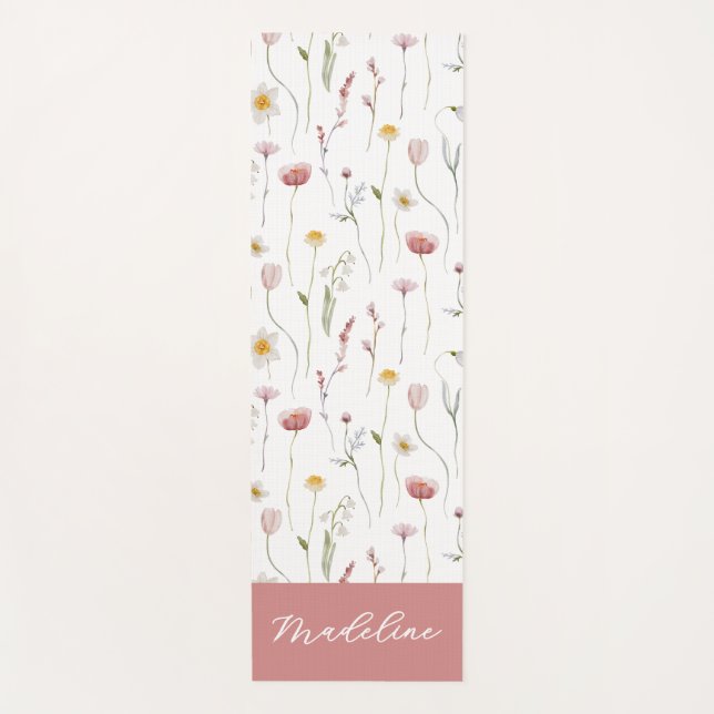 Staubrosa Wildblumen-Wasserfarben-Monogramm-Name Yogamatte (Vorderseite)